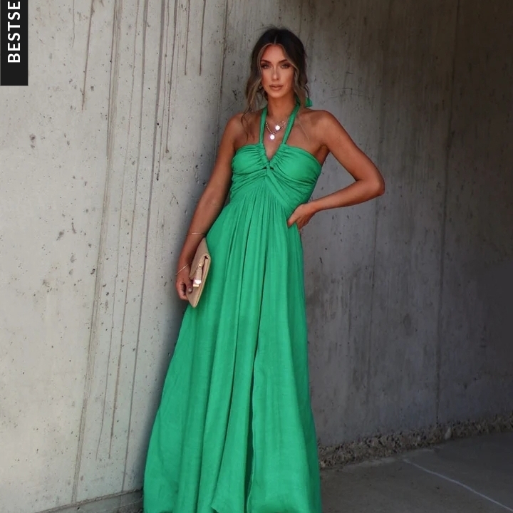 Vici Green Ruched Halter Maxi Dress